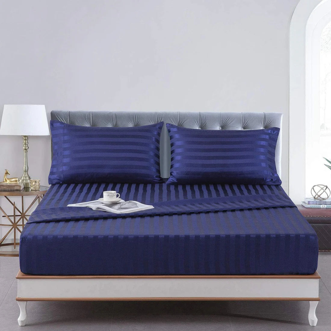 Stripe Satin Fitted Bedsheet Blue- (Premium)