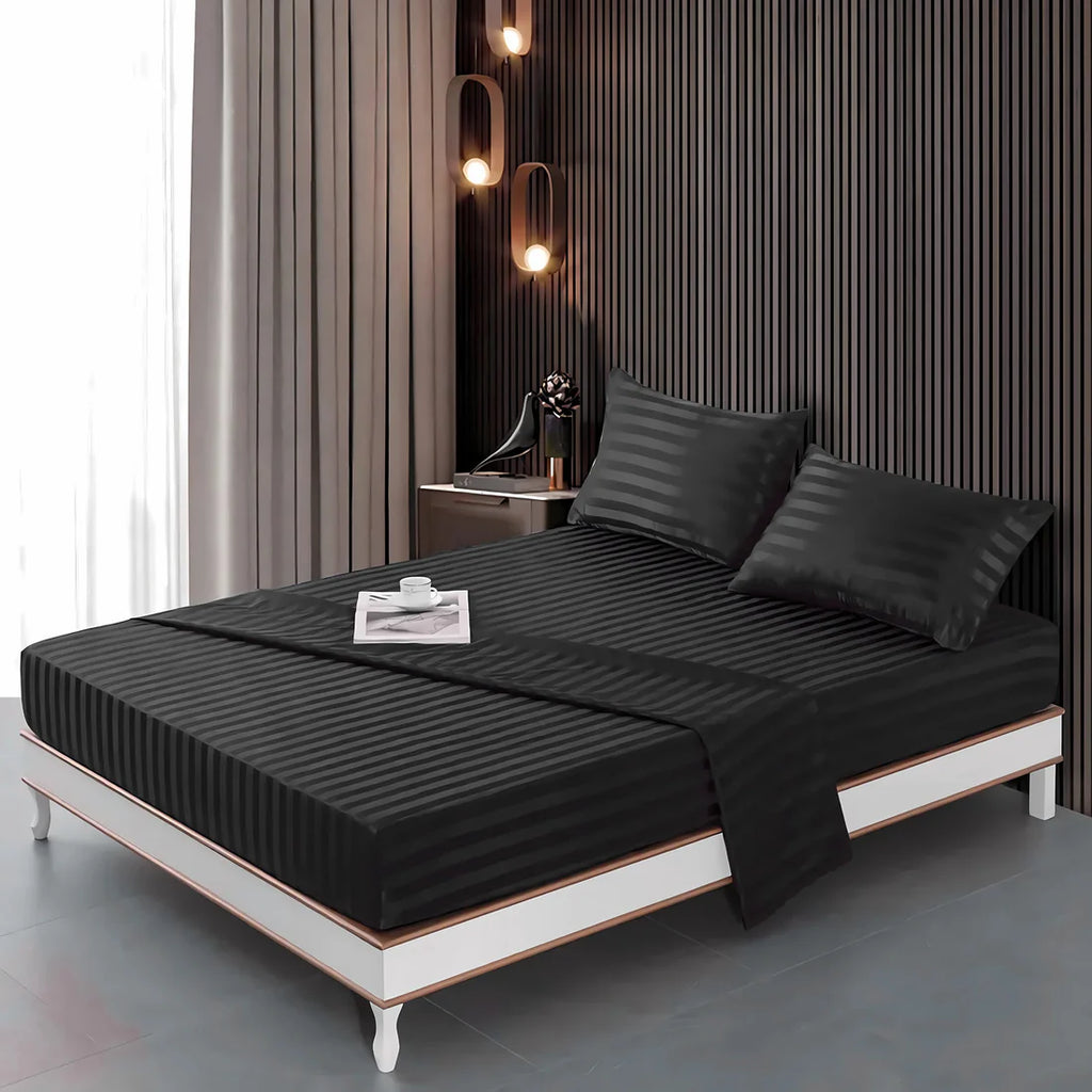 Stripe Satin Fitted Bedsheet Black- (Premium)