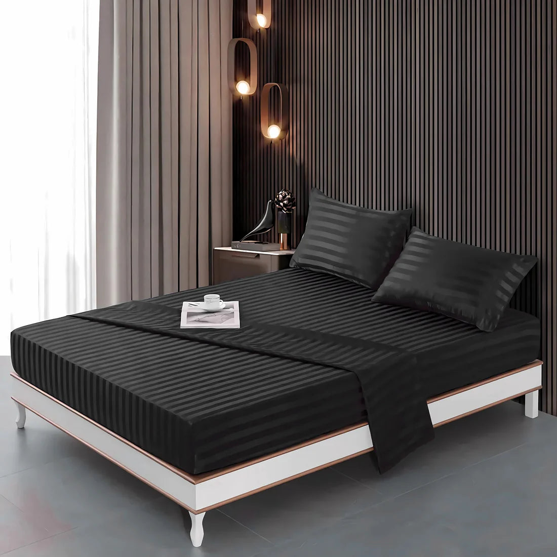 Stripe Satin Fitted Bedsheet Black- (Premium)