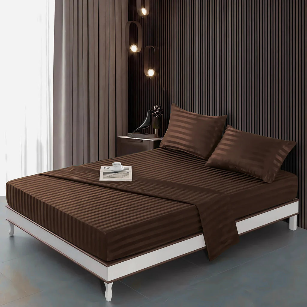 Stripe Satin Fitted Bedsheet Brown- (Premium)