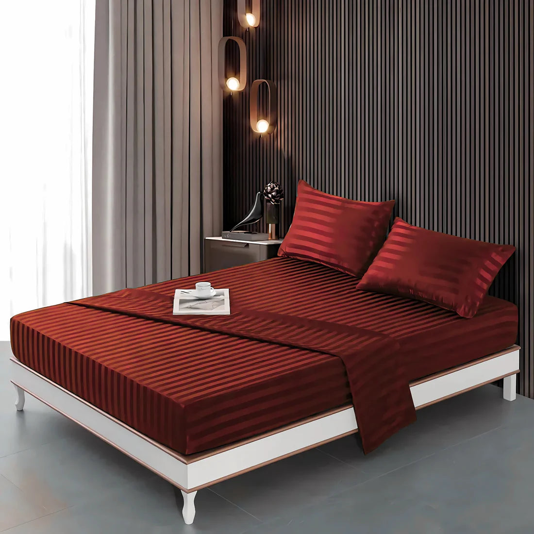 Stripe Satin Fitted Bedsheet Maroon- (Premium)