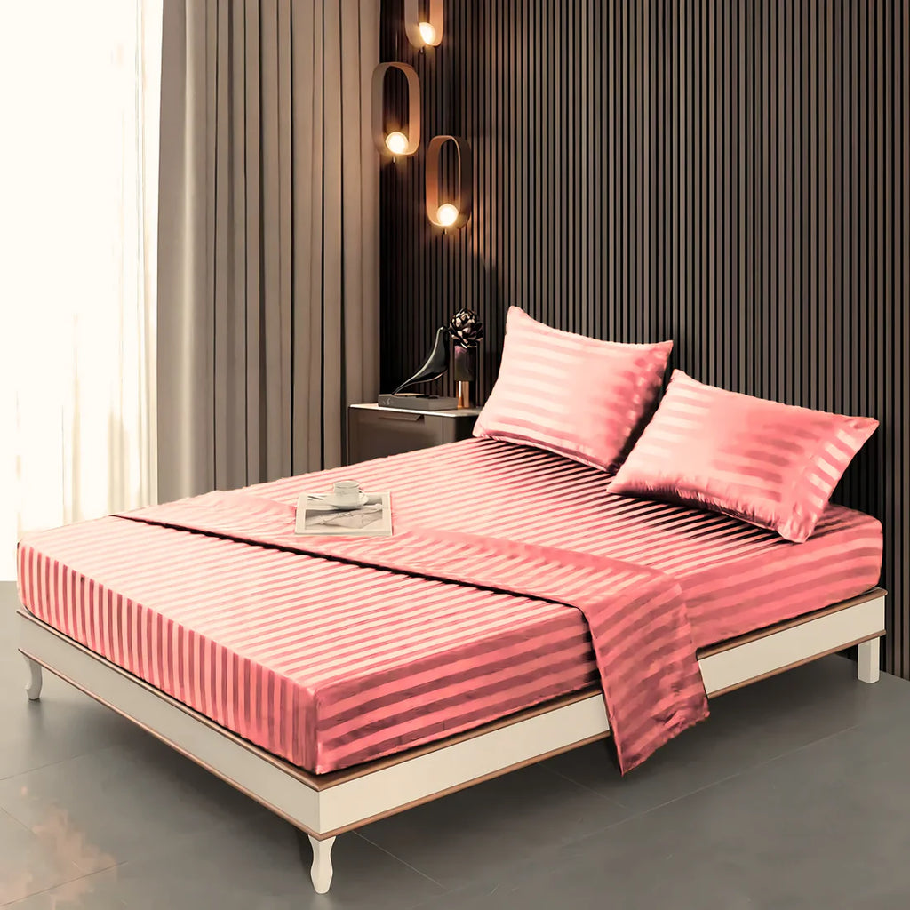 Stripe Satin Fitted Bedsheet Pink- (Premium)