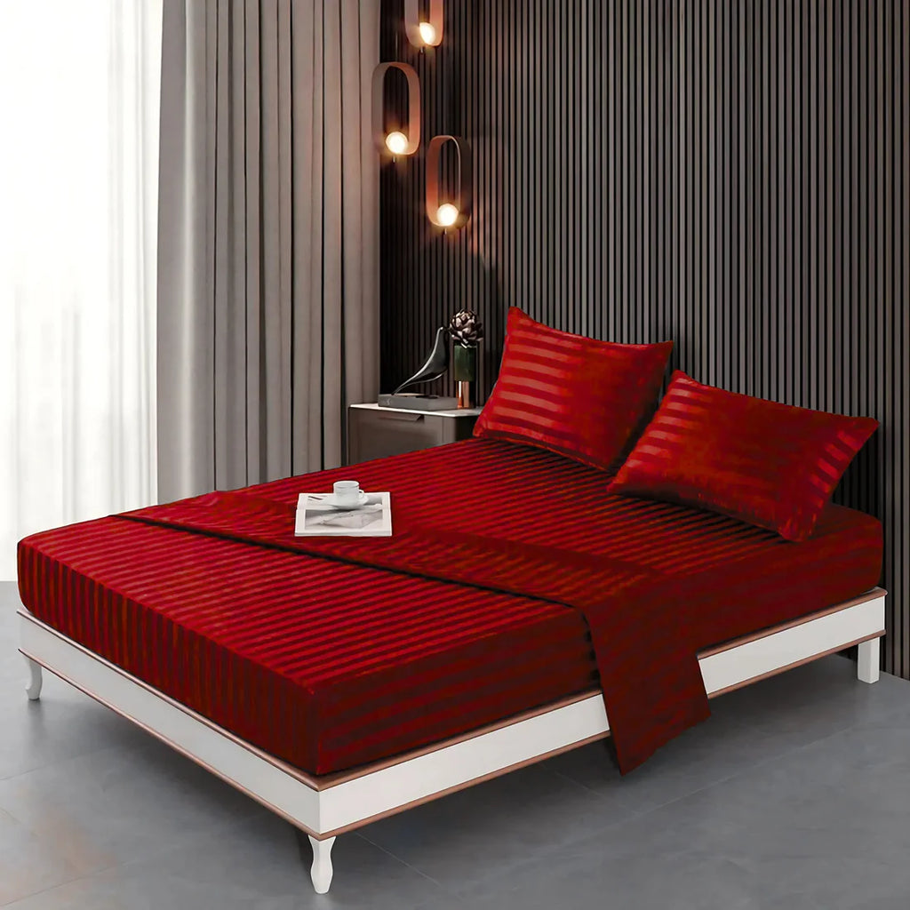 Stripe Satin Fitted Bedsheet Red- (Premium)