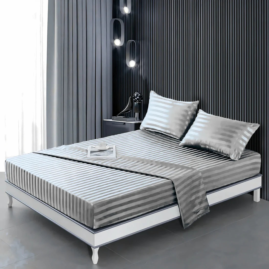 Stripe Satin Fitted Bedsheet Silver- (Premium)