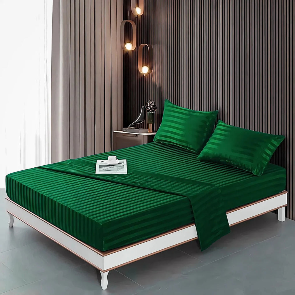 Stripe Satin Fitted Bedsheet Green- (Premium)