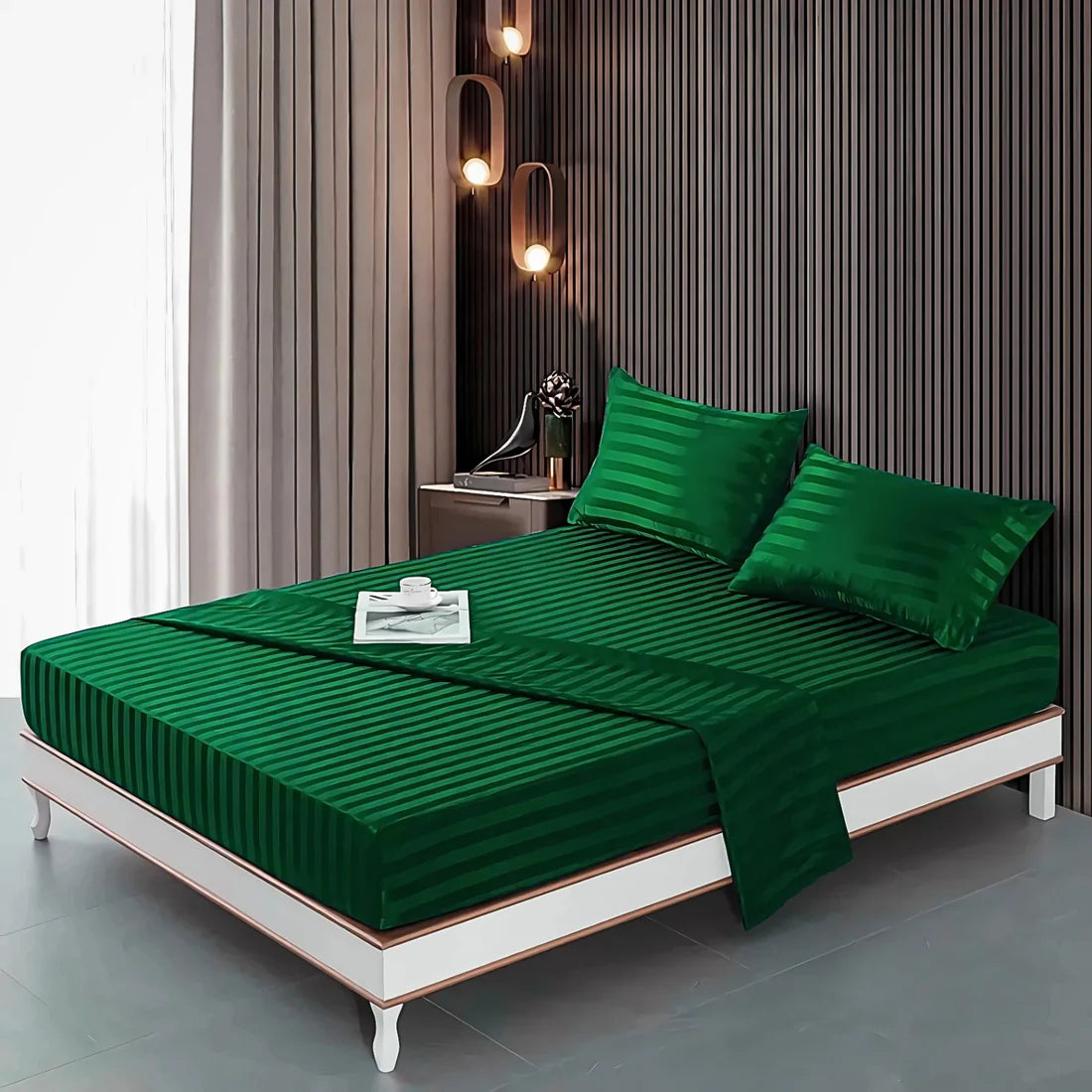 Stripe Satin Fitted Bedsheet Green- (Premium)